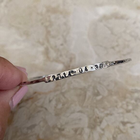 925 Sterling Silver Handcrafted Engraved Date Bangle Bracelet, Hammered, Skinny - Picture 4 of 9